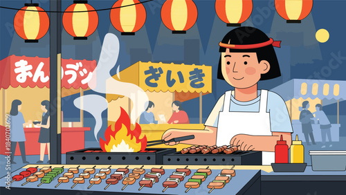Japanese street food vendor grilling yakitori at night market. Modern flat illustration with solid colors, perfect for food culture and Asian culinary themes
