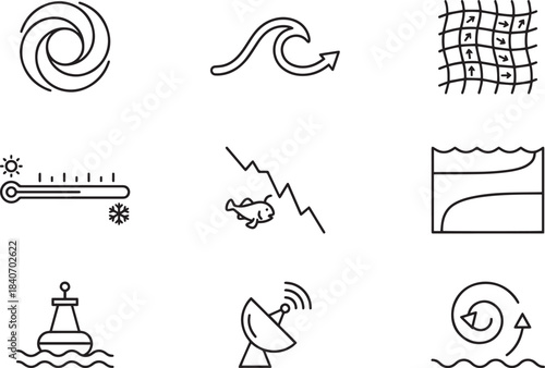 Oceanographic and meteorological vector line icons set includes hurricane, wave, and temperature symbols