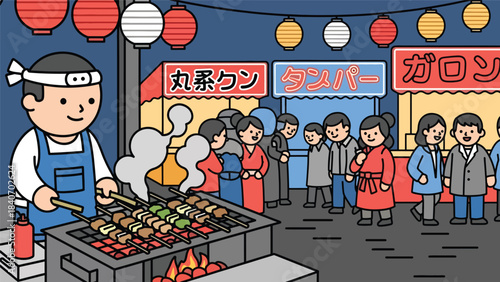 Japanese street food vendor grilling yakitori at night market. Modern flat illustration with solid colors, perfect for food culture and Asian culinary themes