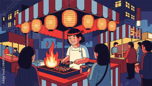 Japanese street food vendor grilling yakitori at night market. Modern flat illustration with solid colors, perfect for food culture and Asian culinary themes