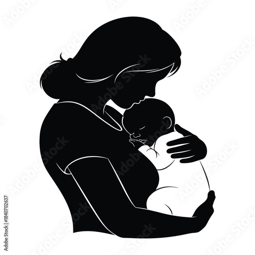 Loving mother holding newborn baby silhouette graphic illustration