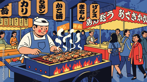 Japanese street food vendor grilling yakitori at night market. Modern flat illustration with solid colors, perfect for food culture and Asian culinary themes