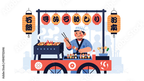 Japanese street food vendor grilling yakitori at night market. Modern flat illustration with solid colors, perfect for food culture and Asian culinary themes