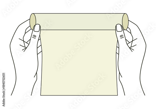 Hands holding paper scroll on white background