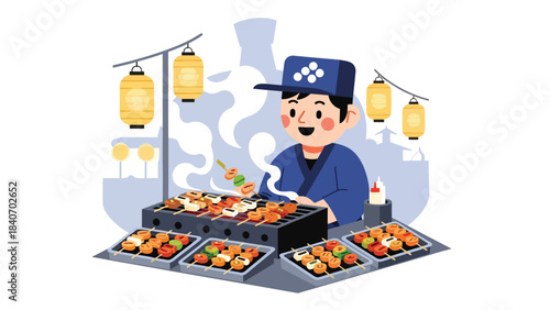 Japanese street food vendor grilling yakitori at night market. Modern flat illustration with solid colors, perfect for food culture and Asian culinary themes