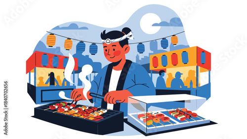 Japanese street food vendor grilling yakitori at night market. Modern flat illustration with solid colors, perfect for food culture and Asian culinary themes
