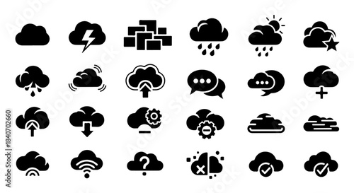 Cloud Computing Icons Set: Weather, Data Storage, Upload, Download, Settings, Chat, Network, and More - Vector Black & White Illustrations for Technology, Design, and Infographics