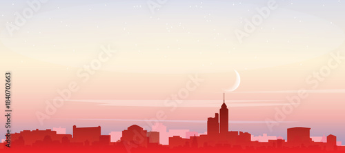 Red panoramic poster of the city skyline with misty background buildings, sunrise, moon and clouds of HONG KONG, CHINA