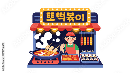 Korean tteokbokki street stall with vendor cooking spicy rice cakes. Modern flat vector for Asian food, markets, and global street culinary themes