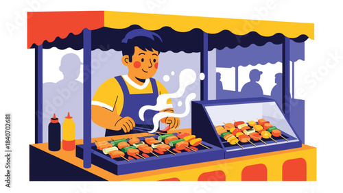 Japanese street food vendor grilling yakitori at night market. Modern flat illustration with solid colors, perfect for food culture and Asian culinary themes