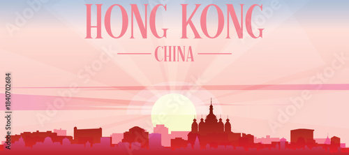Red panoramic poster of the city skyline with misty background buildings, sunrise, moon and clouds of HONG KONG, CHINA