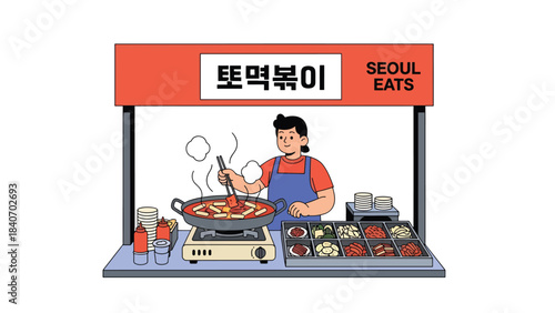 Korean tteokbokki street stall with vendor cooking spicy rice cakes. Modern flat vector for Asian food, markets, and global street culinary themes
