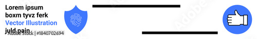 Online security, user feedback, authentication, identity verification, data protection, user approval. A shield with a fingerprint and a thumbs-up symbol. Digital security and authentication concept