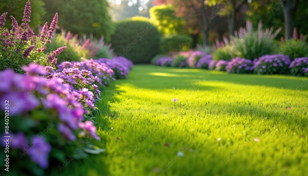 Obraz premium Lush green lawn borders purple blooming flowers in a sunlit garden. Soft light shines on vibrant plants and neat landscaping. Peaceful scene with natural beauty and floral design.