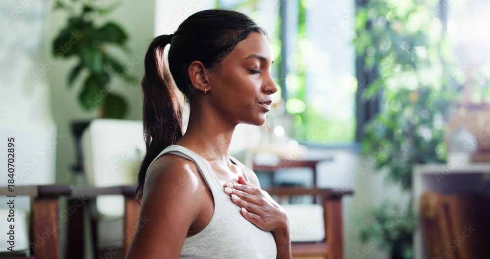 custom made wallpaper toronto digitalWoman, breathing and yoga for fitness in home with mindfulness, spiritual healing and zen. Female person, meditation and yogi with holistic balance, inner peace and mental health for self care goals