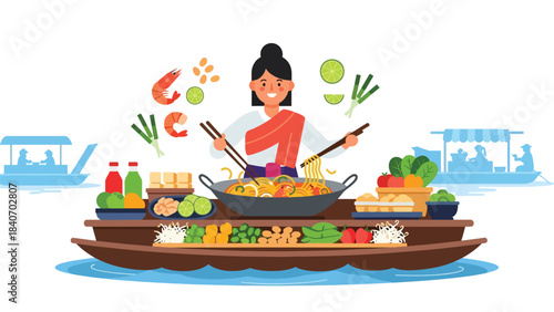 Thai street vendor preparing pad thai at floating market. Flat modern illustration for Asian cuisine, travel culture, and food marketplace concepts
