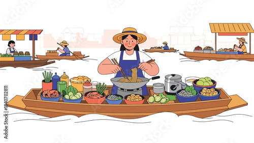 Thai street vendor preparing pad thai at floating market. Flat modern illustration for Asian cuisine, travel culture, and food marketplace concepts
