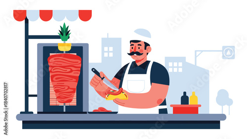 Mexican taco vendor preparing tacos al pastor at urban street stall. Modern flat illustration for Latin food and global street cuisine topics