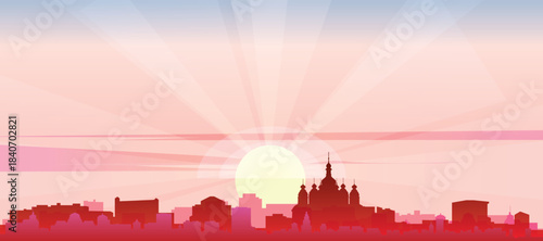 Red panoramic poster of the city skyline with misty background buildings, sunrise, moon and clouds of HONG KONG, CHINA