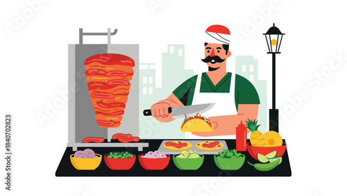 Mexican taco vendor preparing tacos al pastor at urban street stall. Modern flat illustration for Latin food and global street cuisine topics