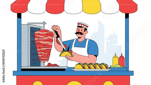 Mexican taco vendor preparing tacos al pastor at urban street stall. Modern flat illustration for Latin food and global street cuisine topics