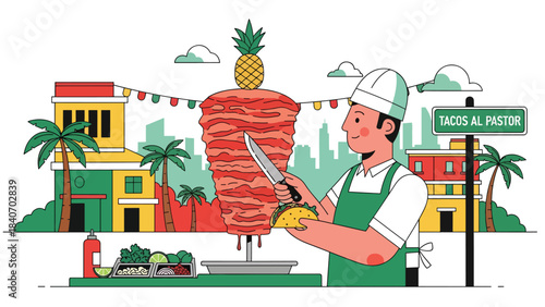 Mexican taco vendor preparing tacos al pastor at urban street stall. Modern flat illustration for Latin food and global street cuisine topics