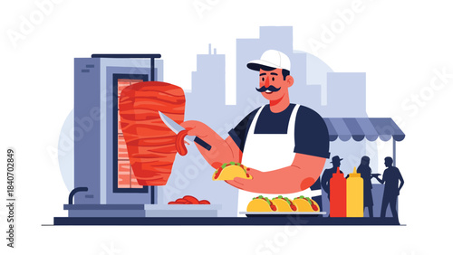 Mexican taco vendor preparing tacos al pastor at urban street stall. Modern flat illustration for Latin food and global street cuisine topics