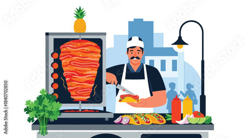 Mexican taco vendor preparing tacos al pastor at urban street stall. Modern flat illustration for Latin food and global street cuisine topics