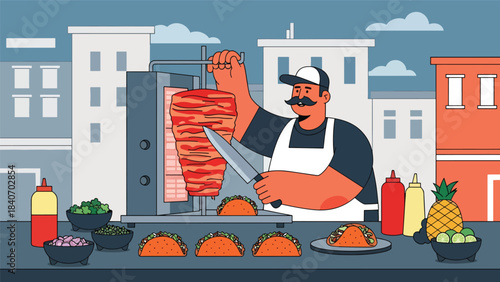 Mexican taco vendor preparing tacos al pastor at urban street stall. Modern flat illustration for Latin food and global street cuisine topics