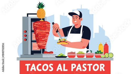 Mexican taco vendor preparing tacos al pastor at urban street stall. Modern flat illustration for Latin food and global street cuisine topics