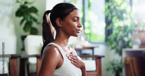 Wallpaper Mural Woman, breathing and yoga for fitness in home with mindfulness, spiritual healing and zen. Female person, meditation and yogi with holistic balance, inner peace and mental health for self care goals Torontodigital.ca