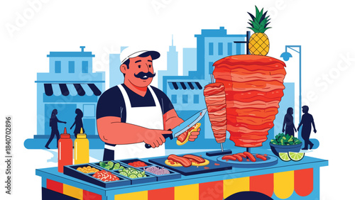 Mexican taco vendor preparing tacos al pastor at urban street stall. Modern flat illustration for Latin food and global street cuisine topics