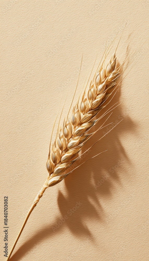 Fototapeta premium Single Barley Spike on Pastel Beige Background with Soft Lighting