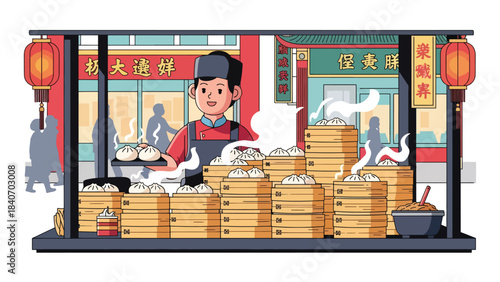 Chinese baozi vendor serving steamed buns from bamboo steamers. Modern flat vector for Asian street food and cultural culinary themes