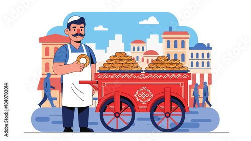 Turkish simit vendor with traditional red cart on city street. Clean flat vector for bakery snacks, Middle Eastern food, and cultural street scenes