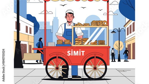 Turkish simit vendor with traditional red cart on city street. Clean flat vector for bakery snacks, Middle Eastern food, and cultural street scenes