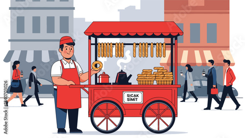 Turkish simit vendor with traditional red cart on city street. Clean flat vector for bakery snacks, Middle Eastern food, and cultural street scenes