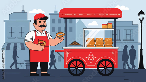 Turkish simit vendor with traditional red cart on city street. Clean flat vector for bakery snacks, Middle Eastern food, and cultural street scenes