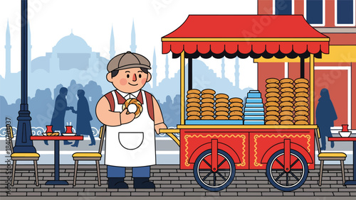 Turkish simit vendor with traditional red cart on city street. Clean flat vector for bakery snacks, Middle Eastern food, and cultural street scenes