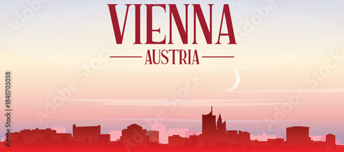 Red panoramic poster of the city skyline with misty background buildings, sunrise, moon and clouds of VIENNA, AUSTRIA