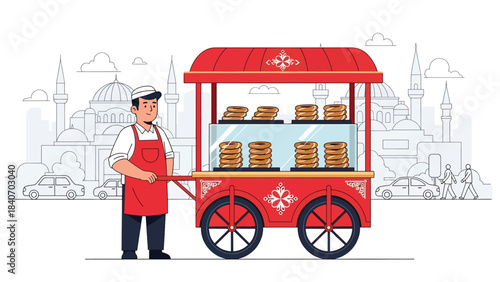 Turkish simit vendor with traditional red cart on city street. Clean flat vector for bakery snacks, Middle Eastern food, and cultural street scenes