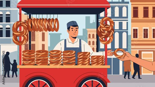Turkish simit vendor with traditional red cart on city street. Clean flat vector for bakery snacks, Middle Eastern food, and cultural street scenes