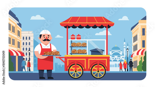 Turkish simit vendor with traditional red cart on city street. Clean flat vector for bakery snacks, Middle Eastern food, and cultural street scenes