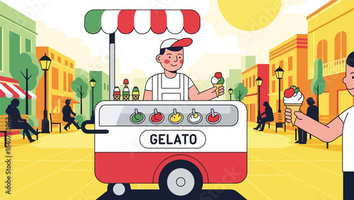 Italian gelato cart in sunny plaza with vendor serving cones. Flat modern vector for dessert culture, travel themes, and global street food