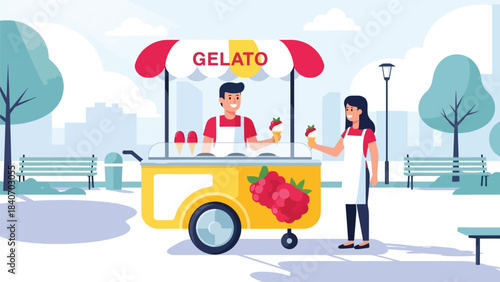 Italian gelato cart in sunny plaza with vendor serving cones. Flat modern vector for dessert culture, travel themes, and global street food