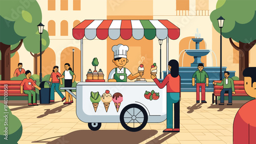 Italian gelato cart in sunny plaza with vendor serving cones. Flat modern vector for dessert culture, travel themes, and global street food
