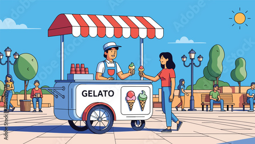 Italian gelato cart in sunny plaza with vendor serving cones. Flat modern vector for dessert culture, travel themes, and global street food