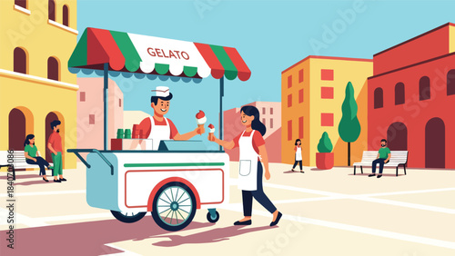 Italian gelato cart in sunny plaza with vendor serving cones. Flat modern vector for dessert culture, travel themes, and global street food