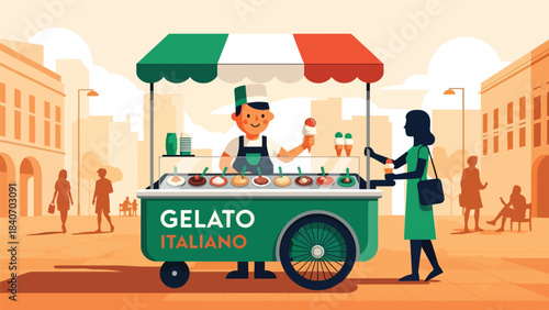 Italian gelato cart in sunny plaza with vendor serving cones. Flat modern vector for dessert culture, travel themes, and global street food