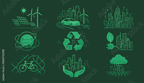 Green Eco City Icons for Renewable Energy, Recycling and Sustainable Mobility